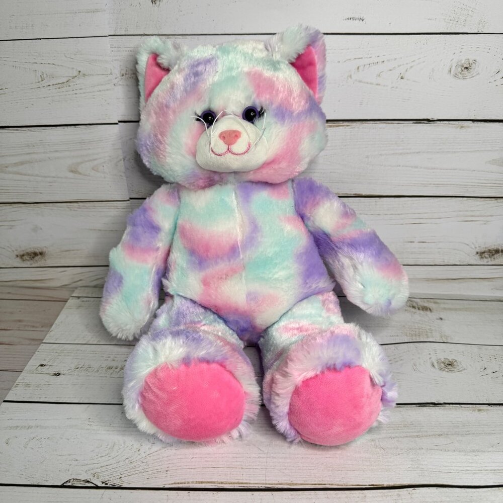 Build-A-Bear Pastel Tie Dye‎ Cat Kitty Plush 16" Stuffed Animal BAB Rainbow